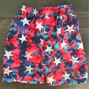 UA Under Armour Swim Trunks Boys Size 4 Red White Blue Stars Bathing Suit Shorts
